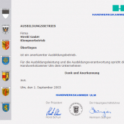 Zertifikat als anerkannter Ausbildungsbetrieb, Handwerkskammer Ulm 2003
